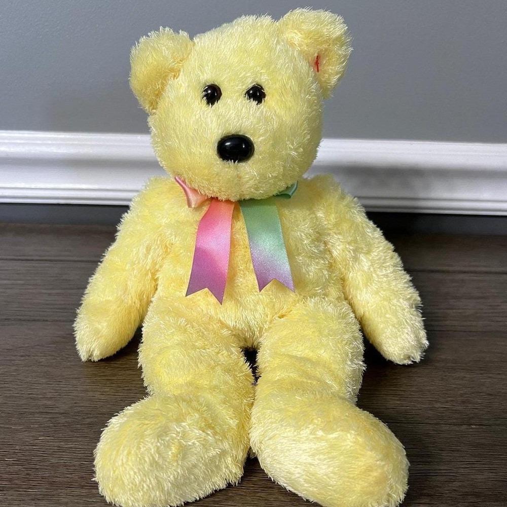 Vintage 2002 TY Beanie Buddies Yellow Sherbet Bear Plush Rainbow Ribbon 13 inch